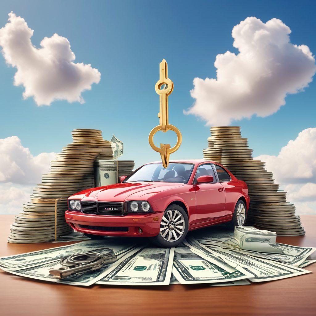 A cheerful person holding a large key symbolizing unlocking secrets, surrounded by affordable car insurance documents and a smiling cartoon car with dollar signs around it. The background features a sunny sky and dollar bills floating gently, emphasizing savings and positivity. Bright and inviting colors. super-realistic. vibrant colors. white background.