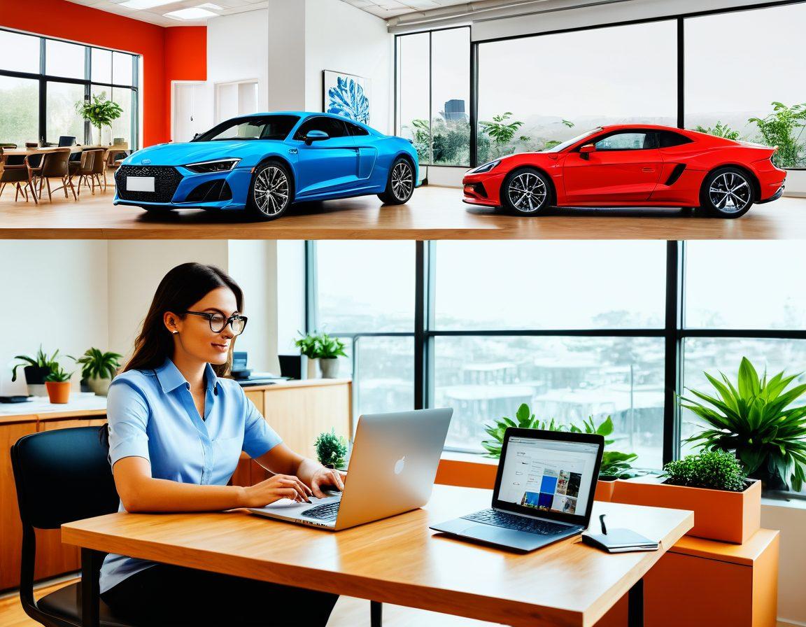 A split image showing two people comparing car insurance offers on laptops, surrounded by floating icons of discounts, checklists, and cars. One side features a traditional office setting, while the other showcases a modern home office with vibrant plants. The scene conveys urgency and excitement. super-realistic. vibrant colors. white background.